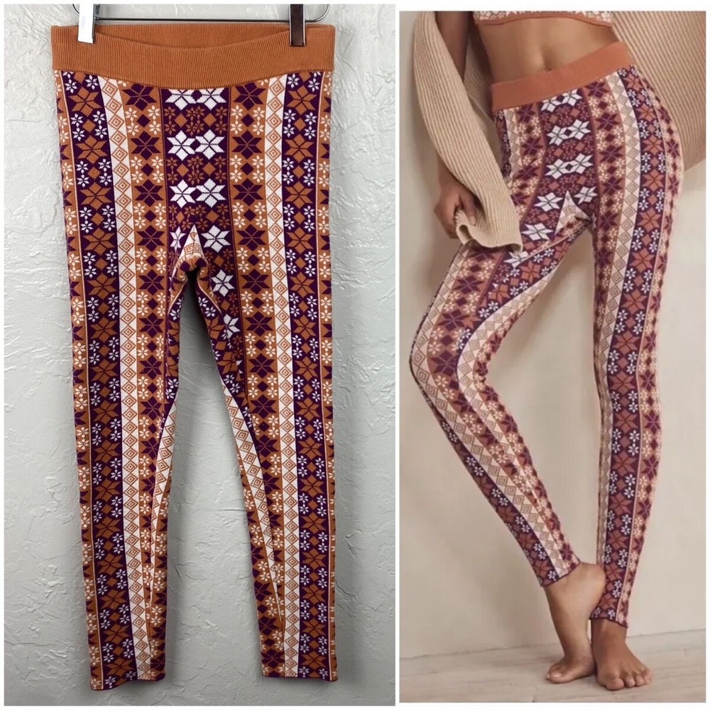 Free People Away With Me Purple/Brown Fair Isle Knit Legging L